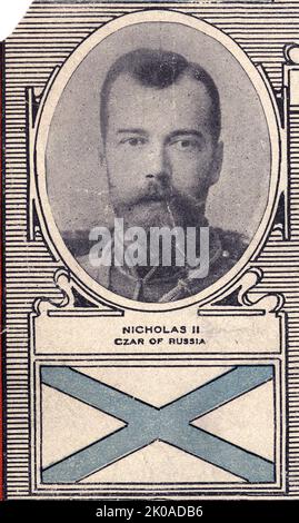 Bandiera della Russia Imperiale nel 1914, con ritratto di Nicola II o Nikolai II Alexandrovich Romanov (1868 - 17 luglio 1918), ultimo Imperatore di Russia, Re del Congresso Polonia e Granduca di Finlandia, regnante dal 1 novembre 1894 fino alla sua abdicazione il 15 marzo 1917 Foto Stock