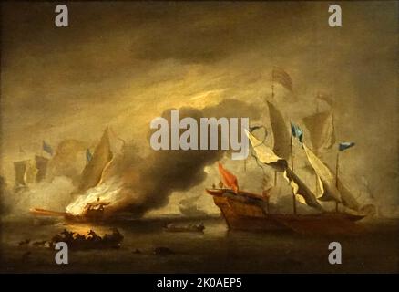 A Row Galley on Fire di Willem van de Velde II (1633-1707) artista britannico olandese Foto Stock