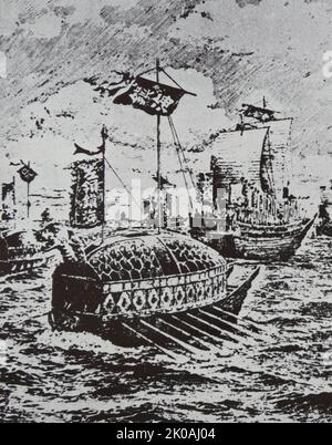 Le invasioni giapponesi della Corea del 1592-1598 o guerra di Imjin coinvolgeva due invasioni separate ma legate: Un'invasione iniziale nel 1592, una breve tregua nel 1596 e una seconda invasione nel 1597. Nel 1591, l'ammiraglio Yi Sun Sin era stato nominato Comandante della Marina di sinistra della provincia di Cholla, incaricato di proteggere la costa sud-occidentale della Corea. Durante il primo anno dell'invasione, l'Ammiraglio Yi si impegnò in dieci vittorie navali successive che decimarono la marina giapponese. L'ammiraglio Yi ha vinto la sua nona vittoria nella battaglia di Pusan-p'o. La sua flotta di 92 navi, capeggiata dalla nave tartaruga, ha incontrato 470 navi giapponesi e. Foto Stock