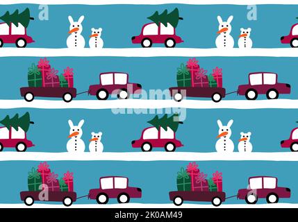 Cartone animato Noel Snowman senza cuciture e fiocchi di neve e regali e motivo albero di Natale per avvolgere carta e abiti per bambini stampa e tessuti e accessori Foto Stock