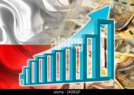 Grafico dell'economia: Freccia in aumento, Złoty banconote in contanti polacche e bandiera polacca (moneta, economia, affari, finanza, inflazione, crisi) Foto Stock