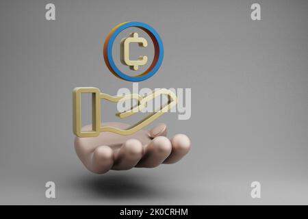 Belle illustrazioni astratte Golden Hand Holding Coin Hand Token icona simbolo su uno sfondo grigio. illustrazione del rendering 3d. Modello di sfondo f Foto Stock