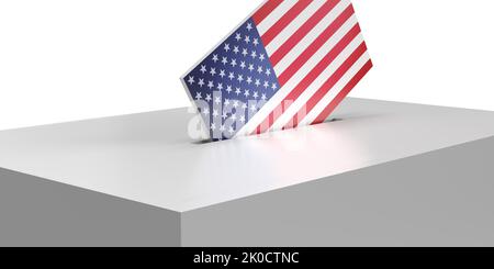 US American flag progettato busta voting in casella di voto su sfondo bianco con spazio copia. Rappresentazione realistica in 3D. Elezioni democratiche Foto Stock