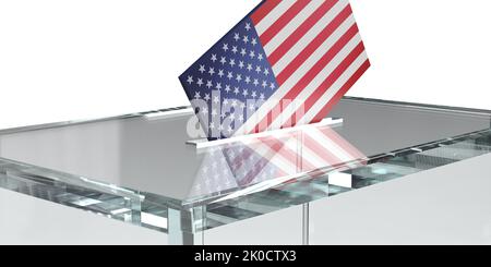US American flag progettato busta voting in cassa trasparente, sfondo bianco con spazio di copia. Rappresentazione realistica in 3D. Democrazia Foto Stock