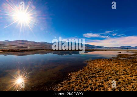 Una riflessione di mattina presto di sunburst / starburst in uno dei laghi nella riserva paludosa di Tso Moriri nell'area di Changthang di Ladakh, India. Foto Stock