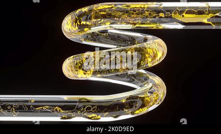 Liquido giallo attraverso tubo di vetro disegno medico laboratorio chimico ricerca energia alternativa 3D rendering Foto Stock