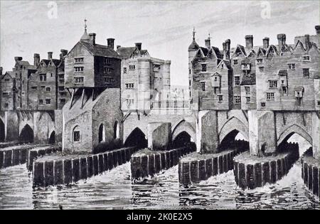 Old London Bridge, che mostra London Square e i resti della St Thomas's Chapel. Da un modello di John B Thorp nel London Museum. John Thorpe o Thorp (c.1565-1655) è stato un architetto inglese. Foto Stock