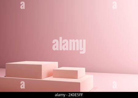 Podio composto da tre 3D forme quadrate pastello di diverse dimensioni su sfondo rosa per lo spazio delle copie Foto Stock