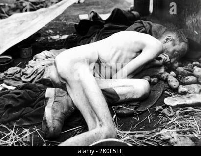 Corpo di un prigioniero nel campo di concentramento nazista di Dachau, aperto il 22 marzo 1933, inizialmente destinato a trattenere prigionieri politici. Dachau è in Baviera. Dopo la sua apertura da parte di Heinrich Himmler, deteneva ebrei, Romani, criminali tedeschi e austriaci. Fu liberata dalle forze statunitensi il 29 aprile 1945. Foto Stock