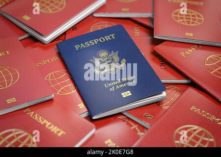 Passaporto degli Stati Uniti sul mucchio di passaporti di altri paesi. Concetto di immigrazione. illustrazione 3d Foto Stock