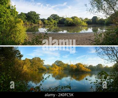 Il lago Cemetery su Southampton Common nell'agosto 2022 (in alto) il 2021 novembre (in basso) mostra l'effetto delle piogge insolitamente basse nel luglio 2022 Foto Stock