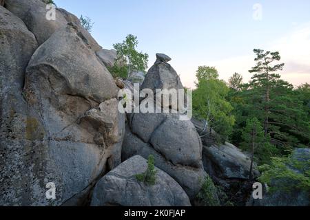 Enormi formazioni rocciose di massi alte in montagna con alberi in crescita in estate giorno di sole Foto Stock