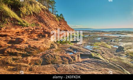 Scogliere e fondo dell'oceano illuminato dal sole che sorge durante la bassa marea al Burntcoat Head Park sulla Baia di Fundy in Nuova Scozia. Foto Stock