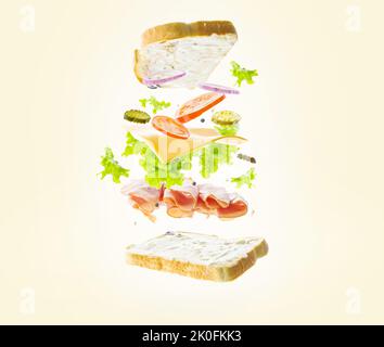 Appetitoso panino americano con prodotti biologici - verdure, erbe, formaggio e carne in un volo congelato su sfondo chiaro. Minimalismo. Caffè, re Foto Stock