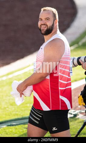 Il 17th luglio Lukas Weisshaidinger, austriaco, si è sfidato nel disco maschile al World Athletics Championships, Hayward Field, Eugene, Oregon USA Foto Stock