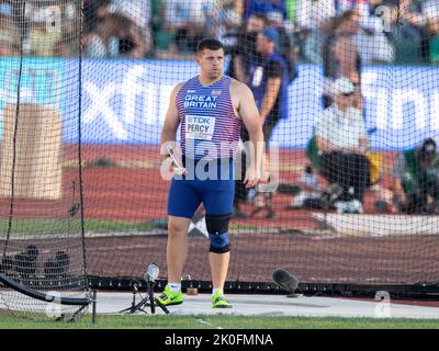 Nicholas Percy di GB&NI, che gareggia nel disco maschile al World Athletics Championships, Hayward Field, Eugene, Oregon USA, il 17th luglio 2022. P Foto Stock