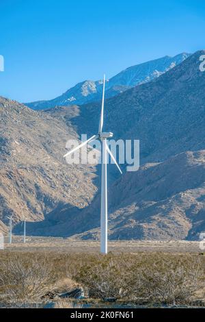 Palm Springs, California- Mulini a vento sul lato della montagna. Campo piatto con mulini a vento contro il pendio di montagna e sfondo skyline. Foto Stock