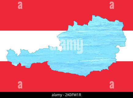 Mappa generale dell'Austria iscritta nella bandiera nazionale. Ghiaccio all'interno della mappa. Illustrazione vettoriale. Crisi energetica. Foto Stock