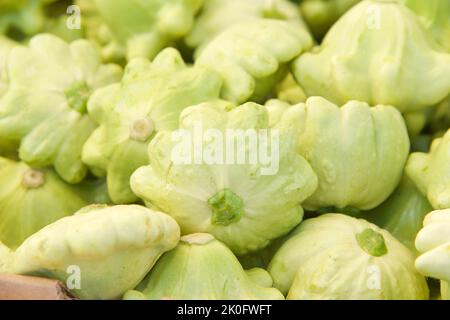 Vista sopra di zucca verde estate pattugliata accatastata per la vendita al mercato agricolo. Foto Stock