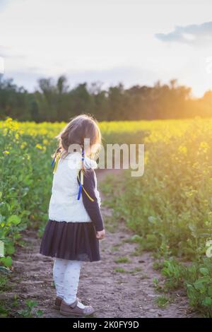 Ragazza con nastri ucraini nei capelli in un campo fiorito al tramonto Foto Stock