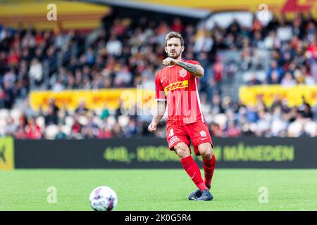 Farum, Danimarca. 11th Set, 2022. Kian Hansen (4) del FC Nordsjaelland visto durante il Superliga match 3F tra FC Nordsjaelland e FC Midtjylland a destra al Dream Park a Farum. (Photo Credit: Gonzales Photo/Alamy Live News Foto Stock