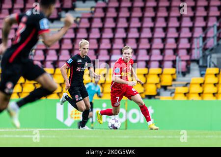 Farum, Danimarca. 11th Set, 2022. Andreas Schjelderup (7) del FC Nordsjaelland visto durante il Superliga match 3F tra FC Nordsjaelland e FC Midtjylland a destra di Dream Park a Farum. (Photo Credit: Gonzales Photo/Alamy Live News Foto Stock