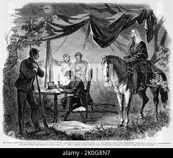 La linea del telegrafo militare degli Stati Uniti all'incrocio della ferrovia di Alexandria, Loudon e Hampshire e della strada dell'acquedotto da Georgetown, contea di Alexandria, Virginia, comunicante con il reparto militare a Washington, D. C., luglio 1861. Illustrazione della guerra civile americana del 19th° secolo dal quotidiano illustrato di Frank Leslie Foto Stock