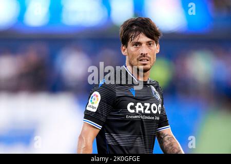 MADRID, SPAGNA - 11 SETTEMBRE: David Silva della Real Sociedad guarda durante la partita la Liga Santander tra Getafe CF e Real Sociedad CF il 11 settembre 2022 al Coliseo Alfonso Perez di Madrid, Spagna. Credit: Ricardo Larreina/AFLO/Alamy Live News Foto Stock