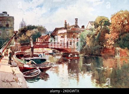 The Great Bridge - Bridge Street Cambridge questa vista è dipinta dal vecchio lato del Quay. Il cancello d'acqua del Magdalene College è visto sulla destra, e in lontananza è la Torre nella Nuova Corte del St. John's College che sorge sopra le cime degli alberi dipinte da William Matthison, 1853-1926 nel 1907 Foto Stock