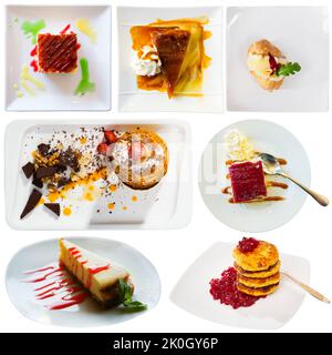 Set di deliziosi dessert isolati su sfondo bianco Foto Stock