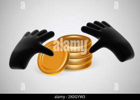 Nero 3D cartoni animati mani umane contare monete d'oro. Illustrazione Vettoriale
