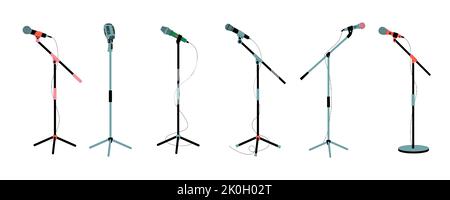 Microfono sul supporto. Strumenti MIC per performance di scena di concerti, registrazione di interviste in studio, trasmissione di musica audio apparecchiature cartoni animati stile piatto Illustrazione Vettoriale