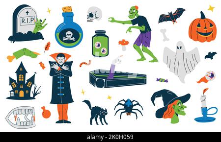 Simboli spaventosi di Halloween. Carino zucca infantile zombie pipistrello fantasma gatto vampiro elementi strega, cartone animato piatto ottobre vacanza pacchetto spooky. Vettore Illustrazione Vettoriale
