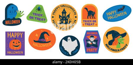 Emblemi di Halloween. Etichette cartoni animati con simboli e personaggi horror tradizionali, adesivi spaventosi per il logo del poster del biglietto d'auguri di invito Illustrazione Vettoriale