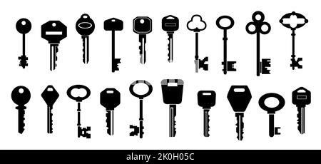 Sagome dei tasti. Forme nere della collezione di chiavi moderna e vintage con teste di diverse dimensioni e forme. Logo Vector Real estate e icone di sicurezza Illustrazione Vettoriale