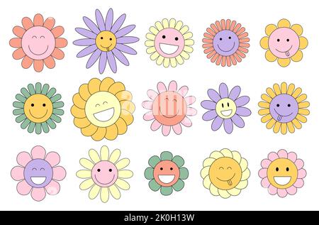 Vettore 70s set chamomile grovy hippie. Divertente cartone animato in stile trendy retrò trippy Y2K. Sticker plants pack in cartoni animati psichedelici retrò alla moda Illustrazione Vettoriale