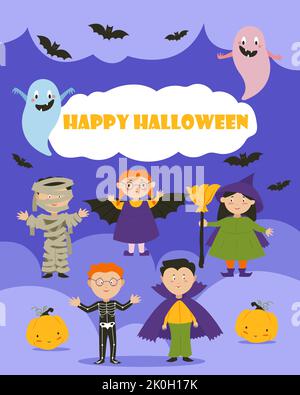 Banner cartolina per Halloween, Bambini in costumi di fantasmi e varie mischiate. Illustrazione vettoriale Illustrazione Vettoriale