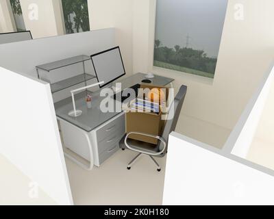 3d illustrazione di una postazione di lavoro personale vuota, con una scatola di cartone contenente oggetti personali. Foto Stock