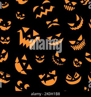 Ripetizione delle facce spaventose. Stampa senza cuciture del volto intagliato di zucca di Halloween con occhi spaventosi e bocca sorridente con denti. Texture vettoriale Illustrazione Vettoriale