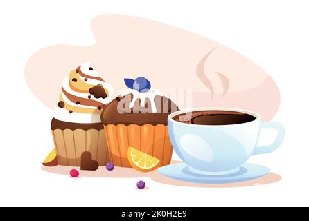 Cupcake e caffè. Muffin al cartone animato con tazza di cappuccino, dolci piatti della mattina con bevande calde per la colazione al bar del ristorante. Forno vettoriale Illustrazione Vettoriale