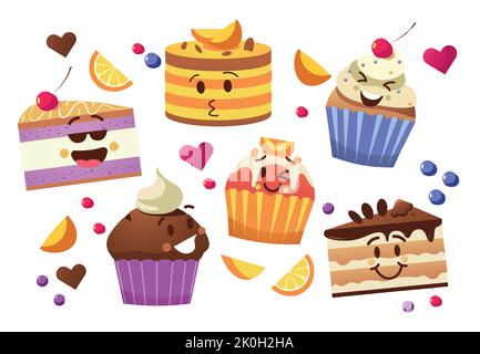 Personaggi cupcake. Muffin al cartone animato Kawaii, mascotte dolci con facce simpatiche emoticon, adesivi divertenti gustosi per il cibo da forno. Set per pasticceria vettoriale Illustrazione Vettoriale