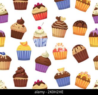 Modello di cupcake. Stampa senza cuciture di vari muffin dolci dolci decorati con guarniture cremose a glassa. Struttura vettoriale dessert da forno Illustrazione Vettoriale