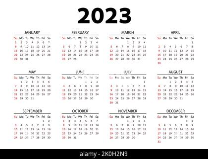 Calendario tascabile orizzontale su 2023 anno. Modello di calendario vettoriale per le aziende su sfondo bianco. La settimana inizia da domenica. Illustrazione Vettoriale