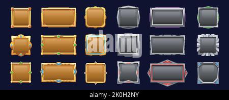 Pulsanti del menu gioco. Cornici dell'interfaccia utente di Cartoon Metal, design grafico 2D sprite per app web mobile RPG game asset. Raccolta con isolamento vettoriale Illustrazione Vettoriale