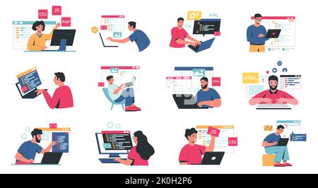 Sviluppo front-end e back-end. Personaggi astratti che lavorano alla progettazione web reattiva, all'interfaccia delle app per siti web, ai programmatori che codificano e creano Illustrazione Vettoriale