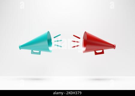 Concetti di comunicazione, discussione, conversazione, disputa, argomento o negoziazione. Due megafoni contrapposti su sfondo bianco. 3D rende Foto Stock