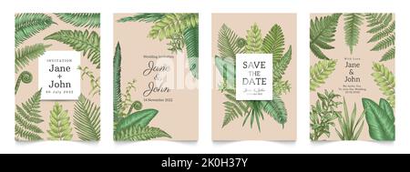 Invito a nozze floreale. Biglietti d'auguri mockup con elementi decorativi a base di erbe rurali, foglie bordi e cornici geometriche. Il vettore salva la data Illustrazione Vettoriale