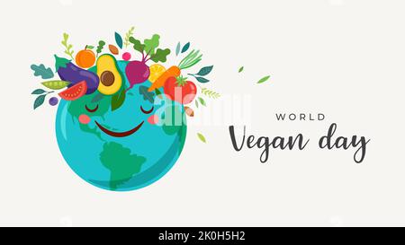 Giornata mondiale del Vegan, Concept Design. Mondo con la corona di verdure, frutta, foglie e noci. Per promozioni, adesivi, banner, biglietti d'auguri sui social media Illustrazione Vettoriale