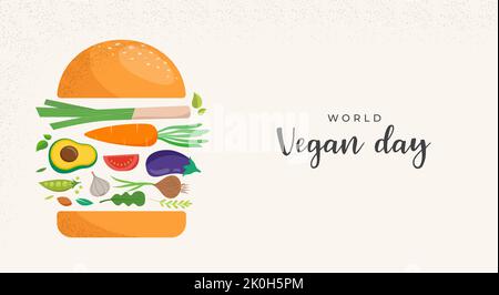 World Vegan Day, Concept Design con hamburger di verdure. Per promozioni, adesivi, banner, biglietti d'auguri sui social media Illustrazione Vettoriale