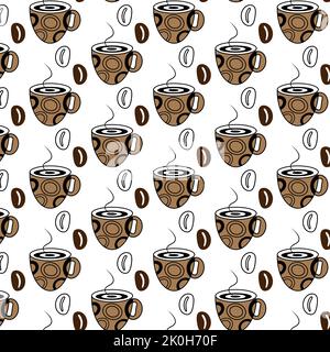 Motivo con caffè Beans e tazza da caffè stilizzata Abstract su sfondo trasparente. Linea Art. Design di stampa alla moda. Stile di vita. Buon giorno di caffè. Adatto per poster, complimenti Illustrazione Vettoriale